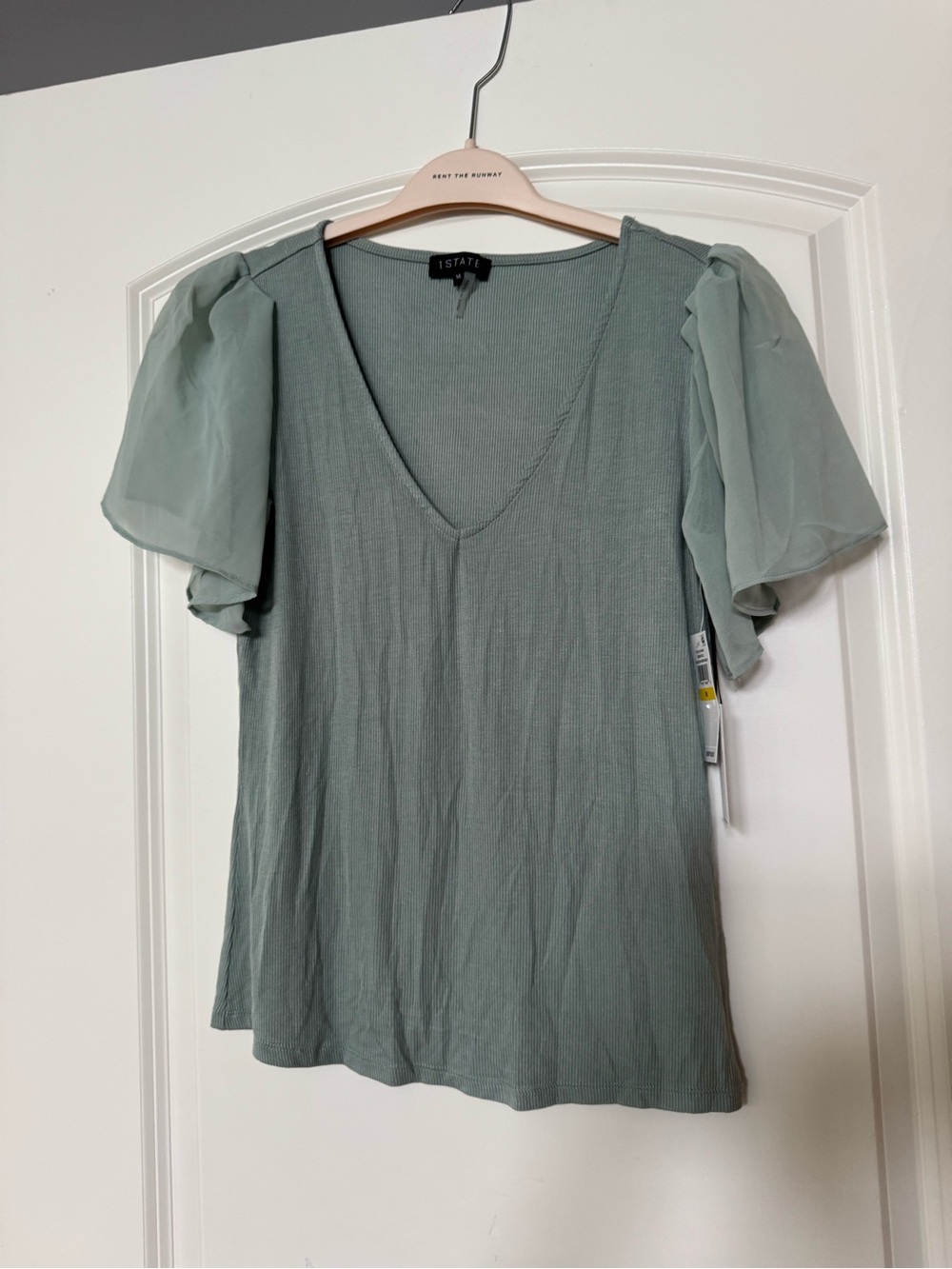 NWT 1.state mixed media ribbed Mint  flutter Sleeve V-Neck Top tee size M